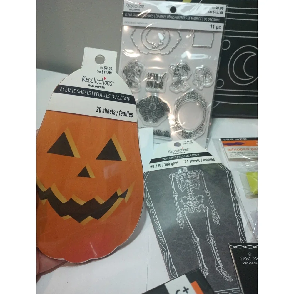 Huge Halloween Craft Supplies Lot Stamps Dies Wired Ribbon Canvas Paper Pads NEW